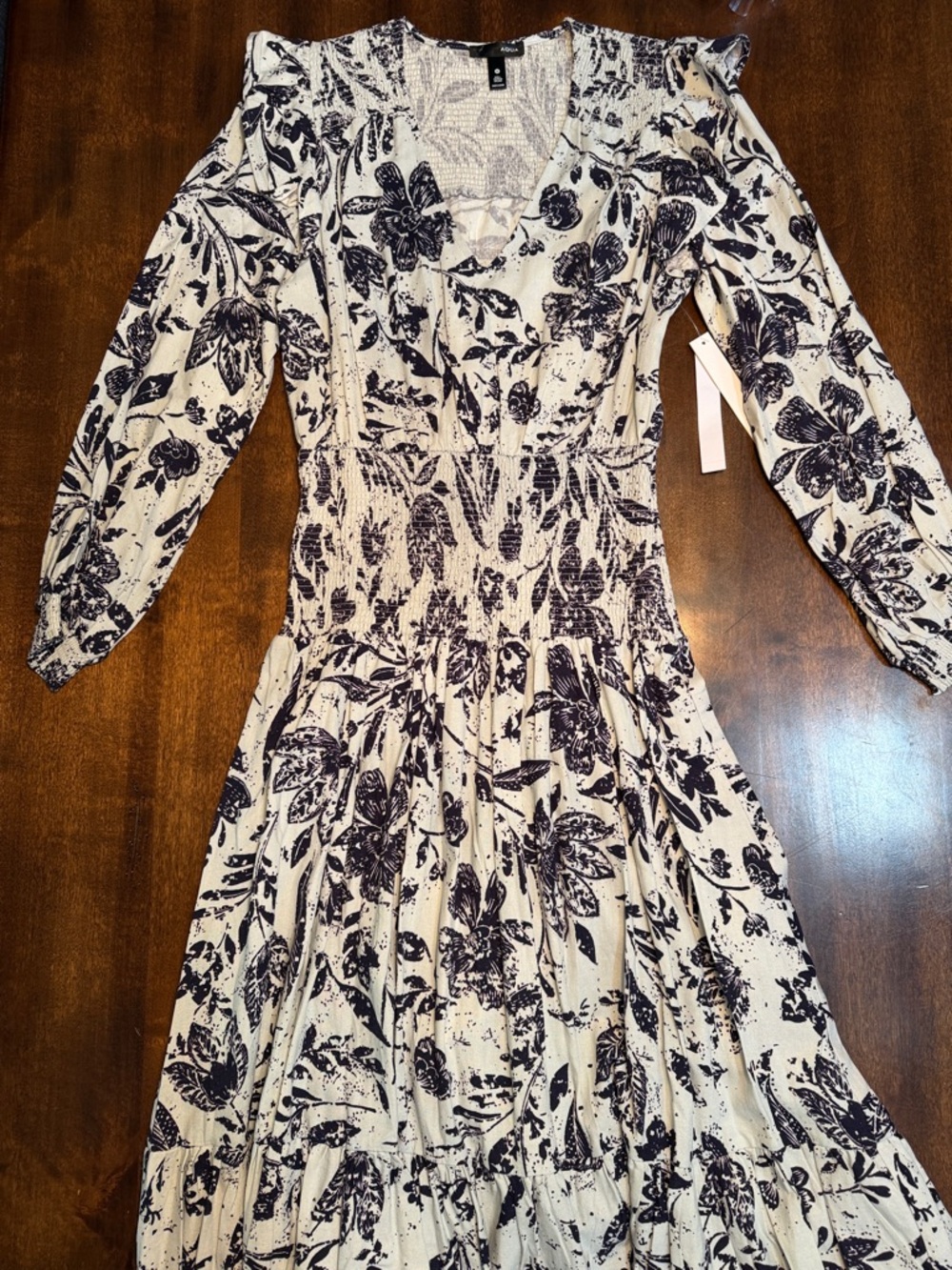 Aqua Smocked Midi Dress - Blue Floral Linen Blend Long Sleeve - Size M NWT - Picture 3 of 7